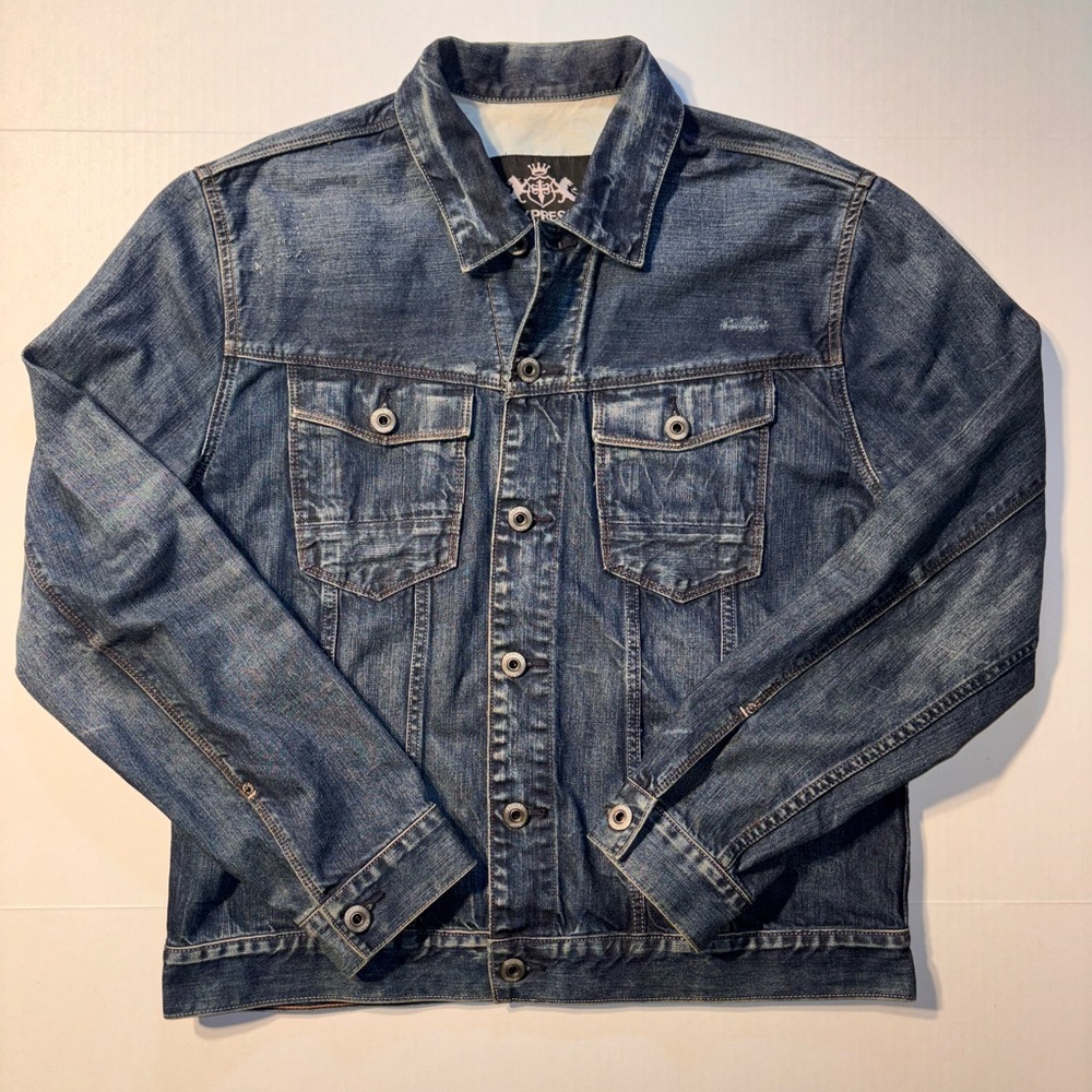 Express Jeans Men’s Denim Trucker Distressed Jean Jacket Dark Wash Y2K Large